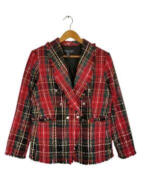 Rachel Zoe Double Breasted Tweed Tartan Plaid Holiday Blazer Red Green Large
